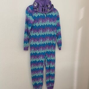 Kids Hooded One-Piece Footie in Purple & Teal Geometric Print